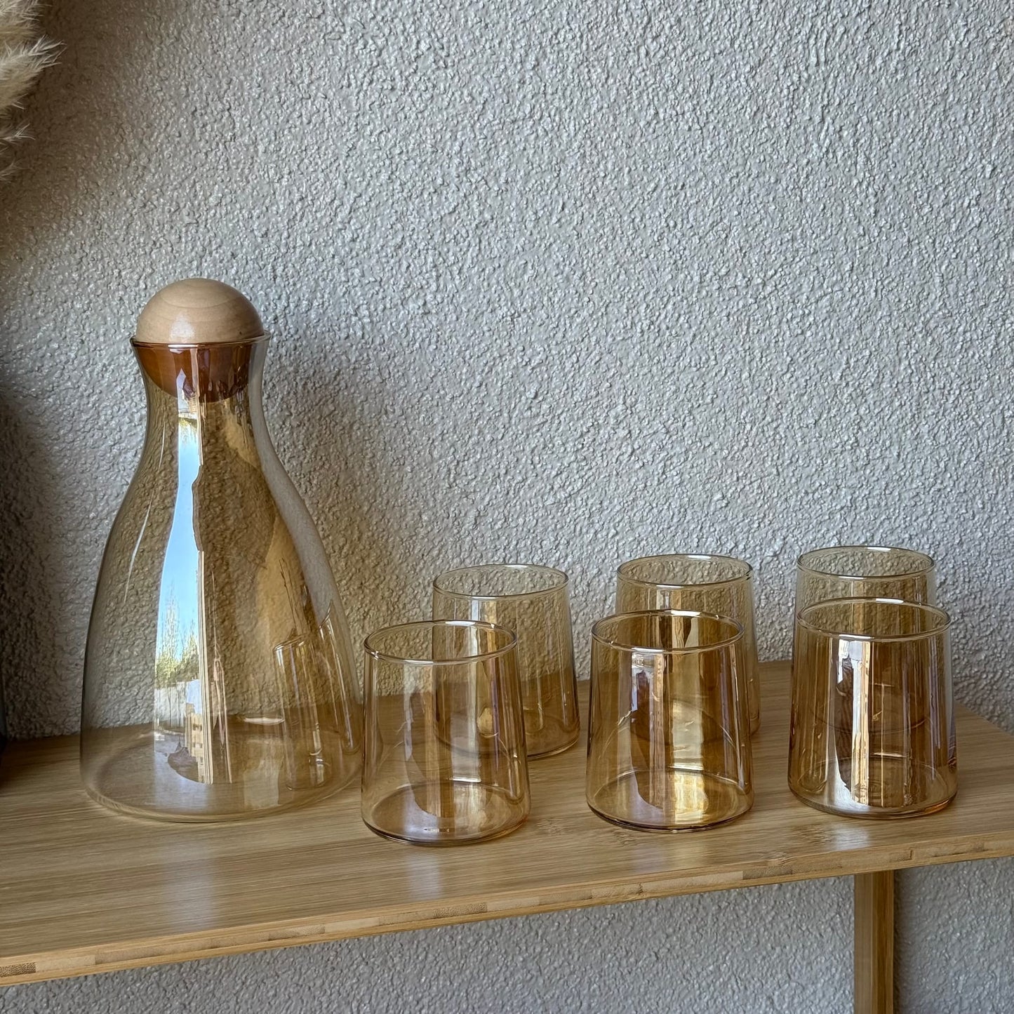 Delisoga Bambu Kapaklı Cam Sürahi Set Gold 7 Parça (SÜPER FİYAT)