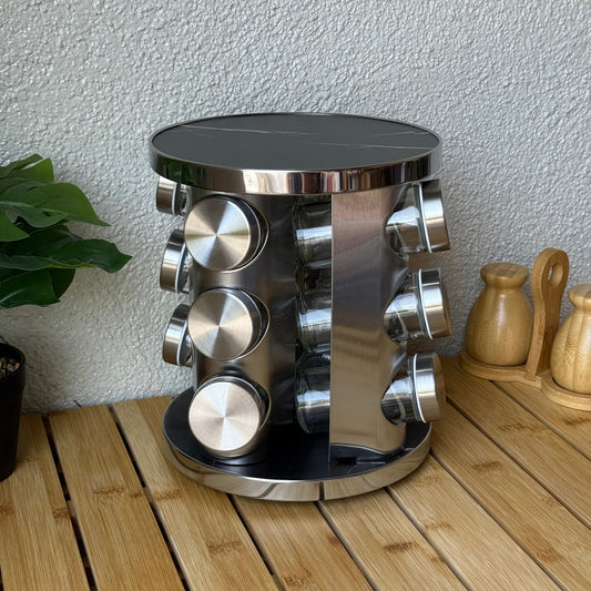 Mermer Desenli Dönen Standlı 12 li Cam Baharatlık Seti Siyah