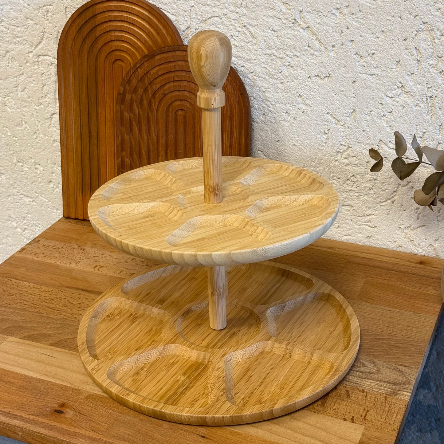 Selena 2 Katlı Yuvarlak Bölmeli Bambu Sunumluk 33 CM