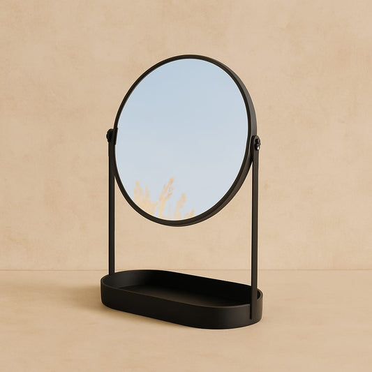 Cora Metal Standlı Yuvarlak Ayna Mat Siyah 25x19 cm