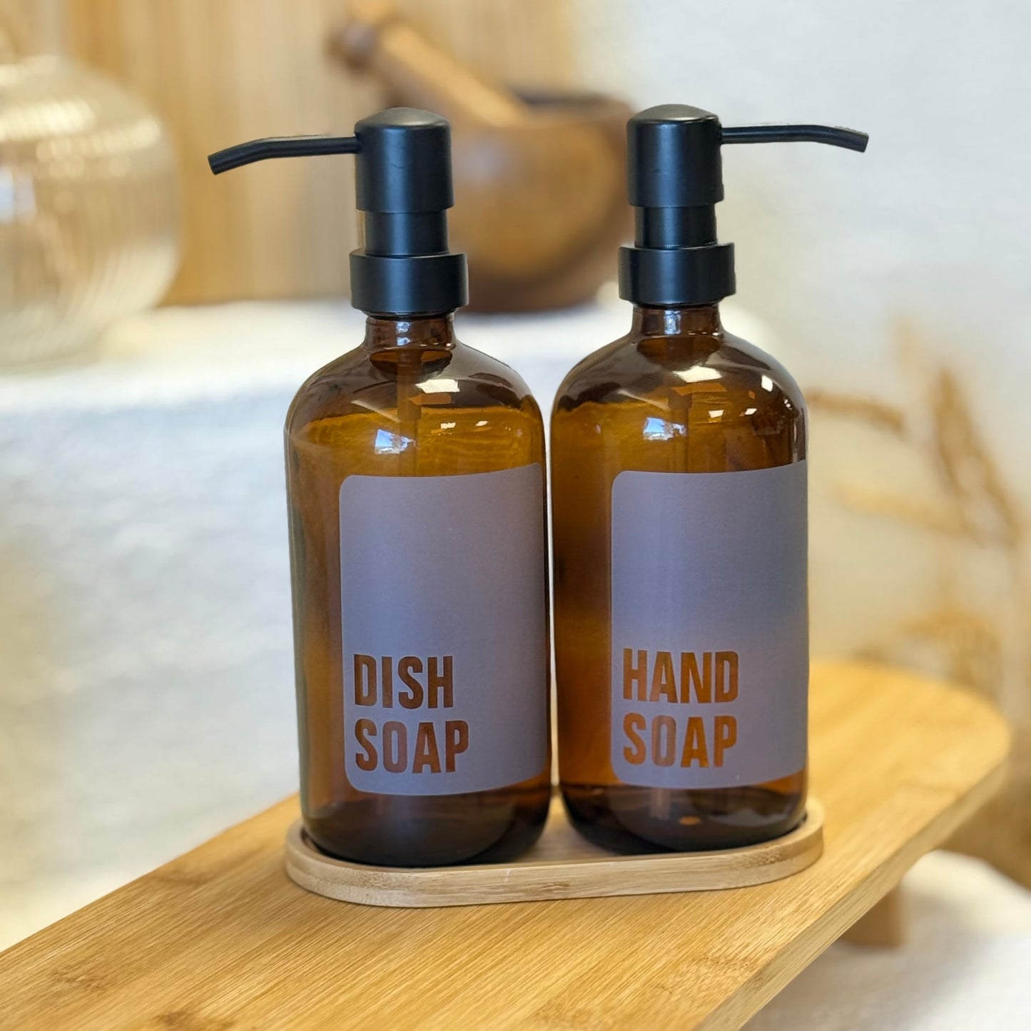 Amber Cam İkili Sıvı Sabunluk Seti Bambu Standlı (Süper Fiyat)