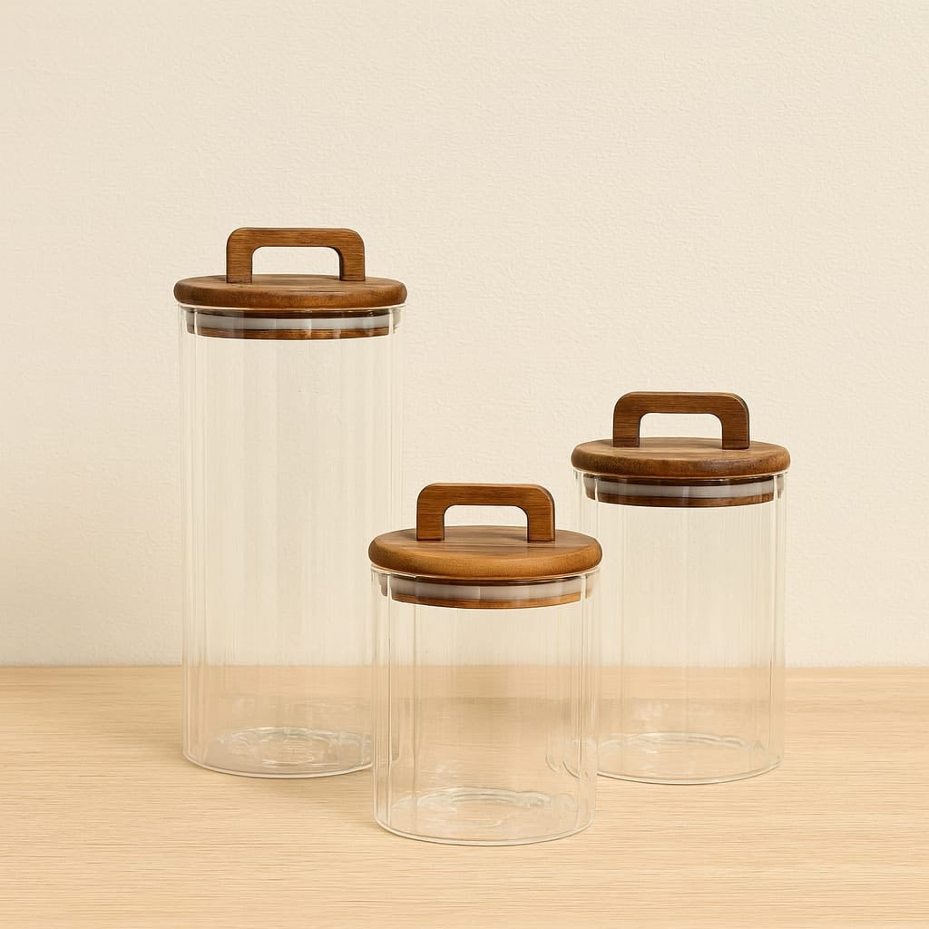 Liza 3 Boy Çizgili Silindir Akasya Ağacı Kapaklı Kavanoz Seti 650 ml, 950 ml, 1550 ml