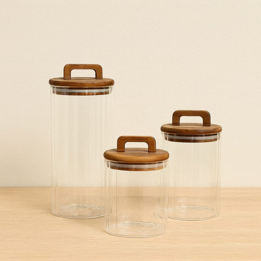 Liza 3 Boy Çizgili Silindir Akasya Ağacı Kapaklı Kavanoz Seti 650 ml, 950 ml, 1550 ml
