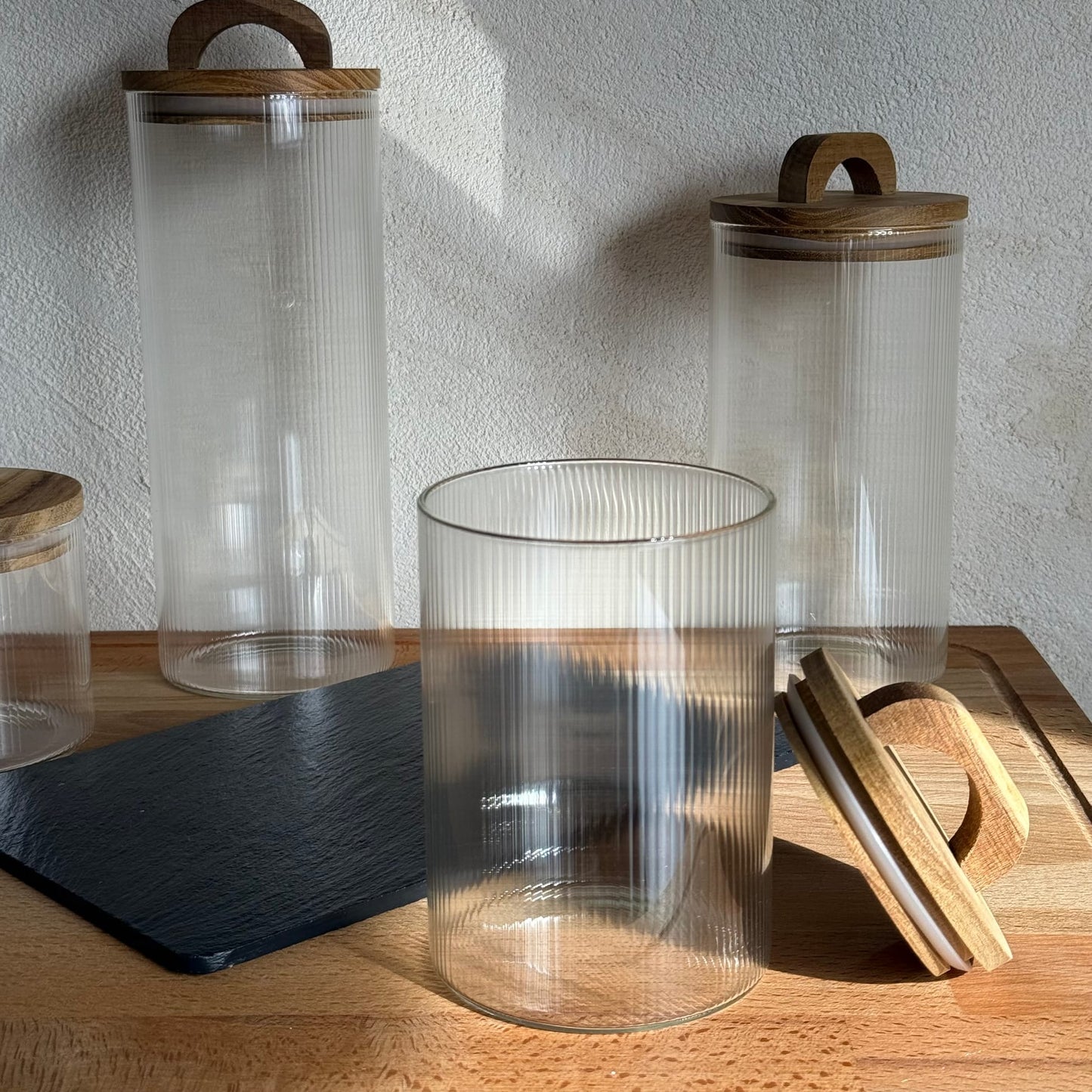 Regina 4 Lü Çizgili Silidir Kavanoz Model 2 Seti Akasya Ağacı Kapaklı