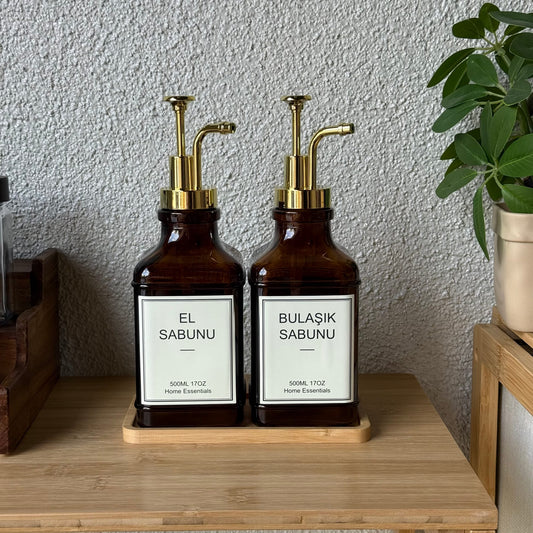 Lucia Bambu Standlı İkili Cam Kare Sıvı Sabunluk Seti Amber 500 ml