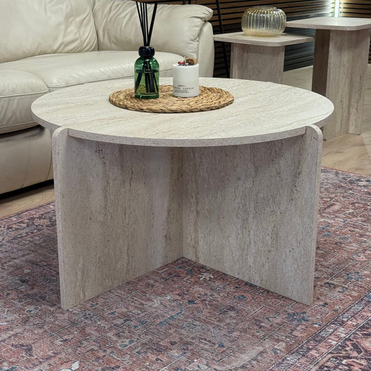 Boho Pinterest, Traverten Desen, Büyük Boy, Yuvarlak Orta Sehpa 83x83x48 cm (Lansman Fiyatı)