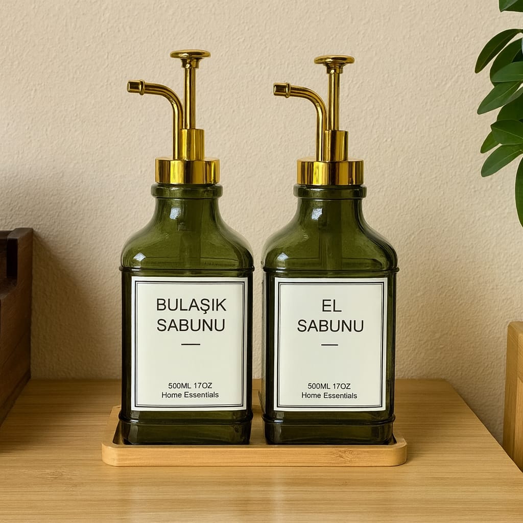 Lucia Bambu Standlı İkili Cam Kare Sıvı Sabunluk Seti Yeşil 500 ml