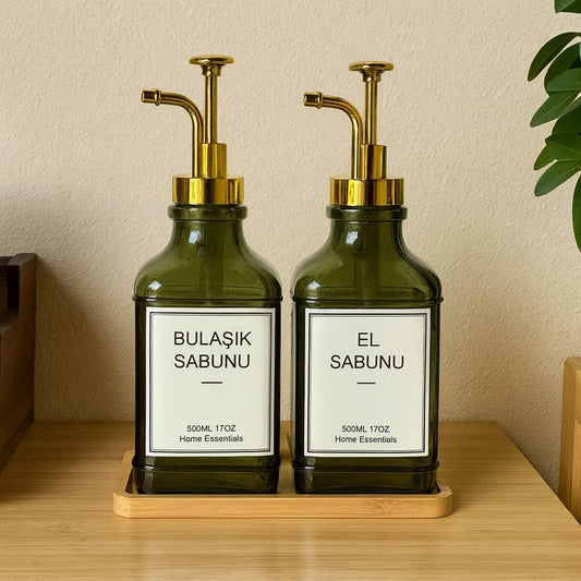 Lucia Bambu Standlı İkili Cam Kare Sıvı Sabunluk Seti Yeşil 500 ml