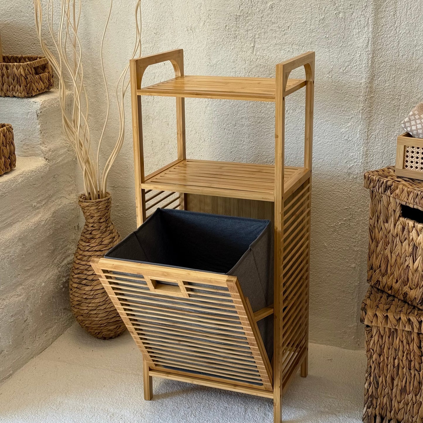 Eva  Medusa Bambu Kirli Çamaşır Sepeti 2 Katlı Raf Banyo Dolabı 95x40x30 cm