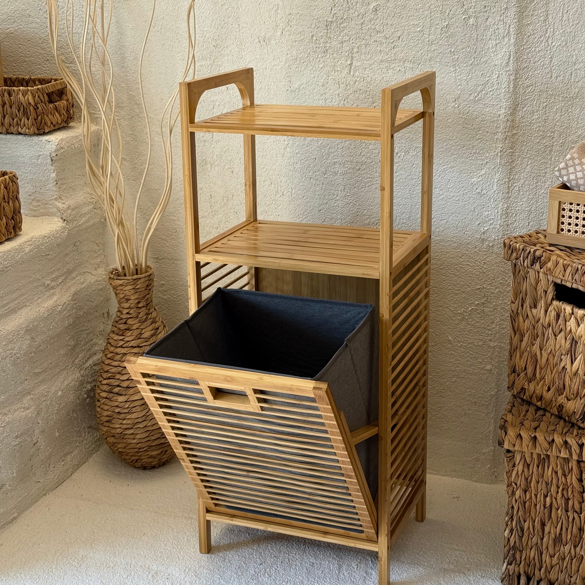 2 Adet Eva  Medusa Bambu Kirli Çamaşır Sepeti 2 Katlı Raf Banyo Dolabı 95x40x30 cm