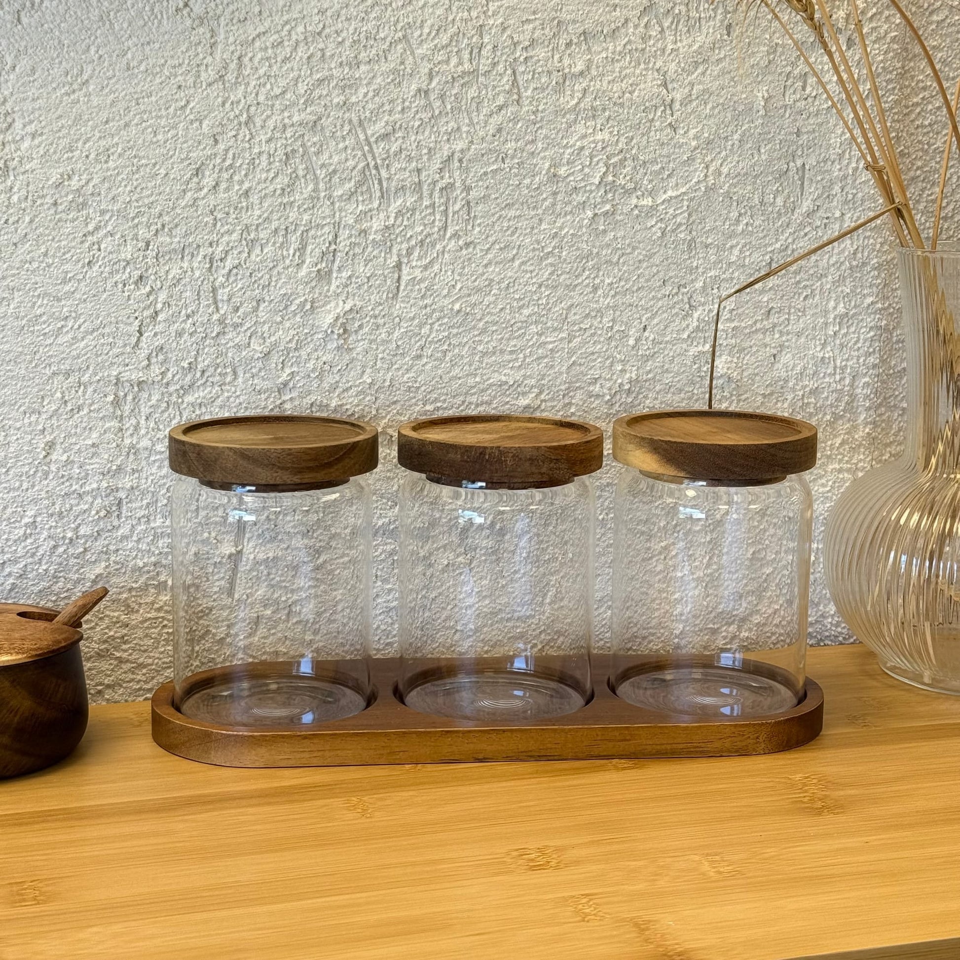 İzy Akasya Ağcı Kapaklı Standlı Kavanoz Seti 600 ml