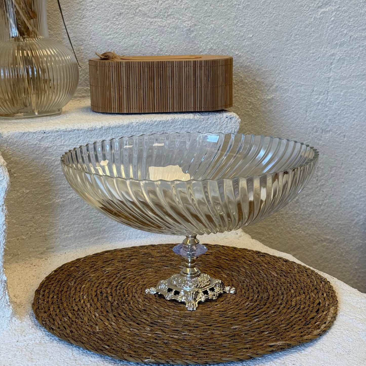 Efegil Lüks Cam Kase Meyvelik Gümüş Ayaklı 29x29x16 cm (2607)