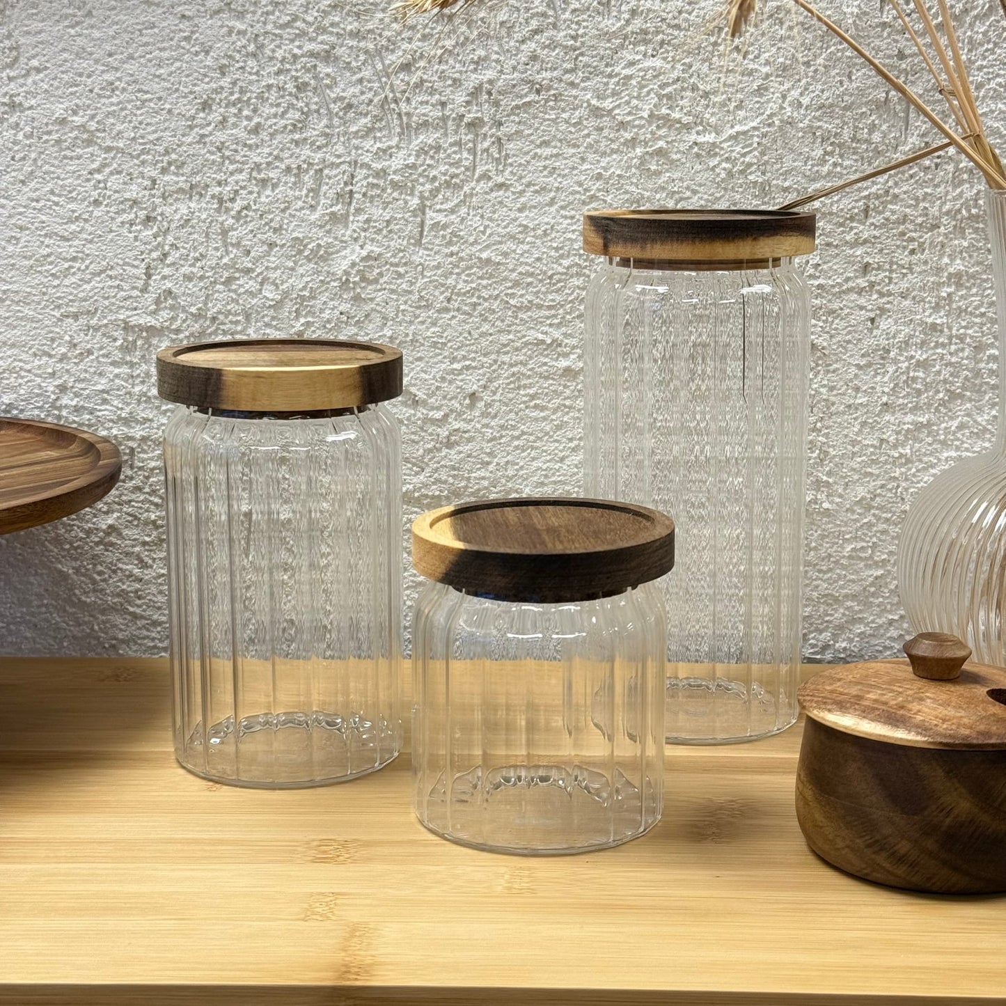 Menny Çizgili Silindir Kavanoz Seti Akasya Ağacı Kapaklı 500 ml, 700 ml, 1000 ml