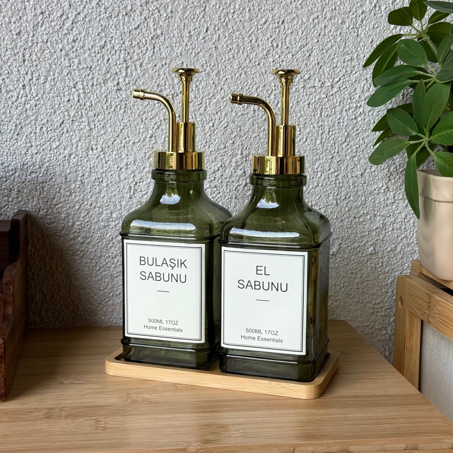 Lucia Bambu Standlı İkili Cam Kare Sıvı Sabunluk Seti Yeşil 500 ml