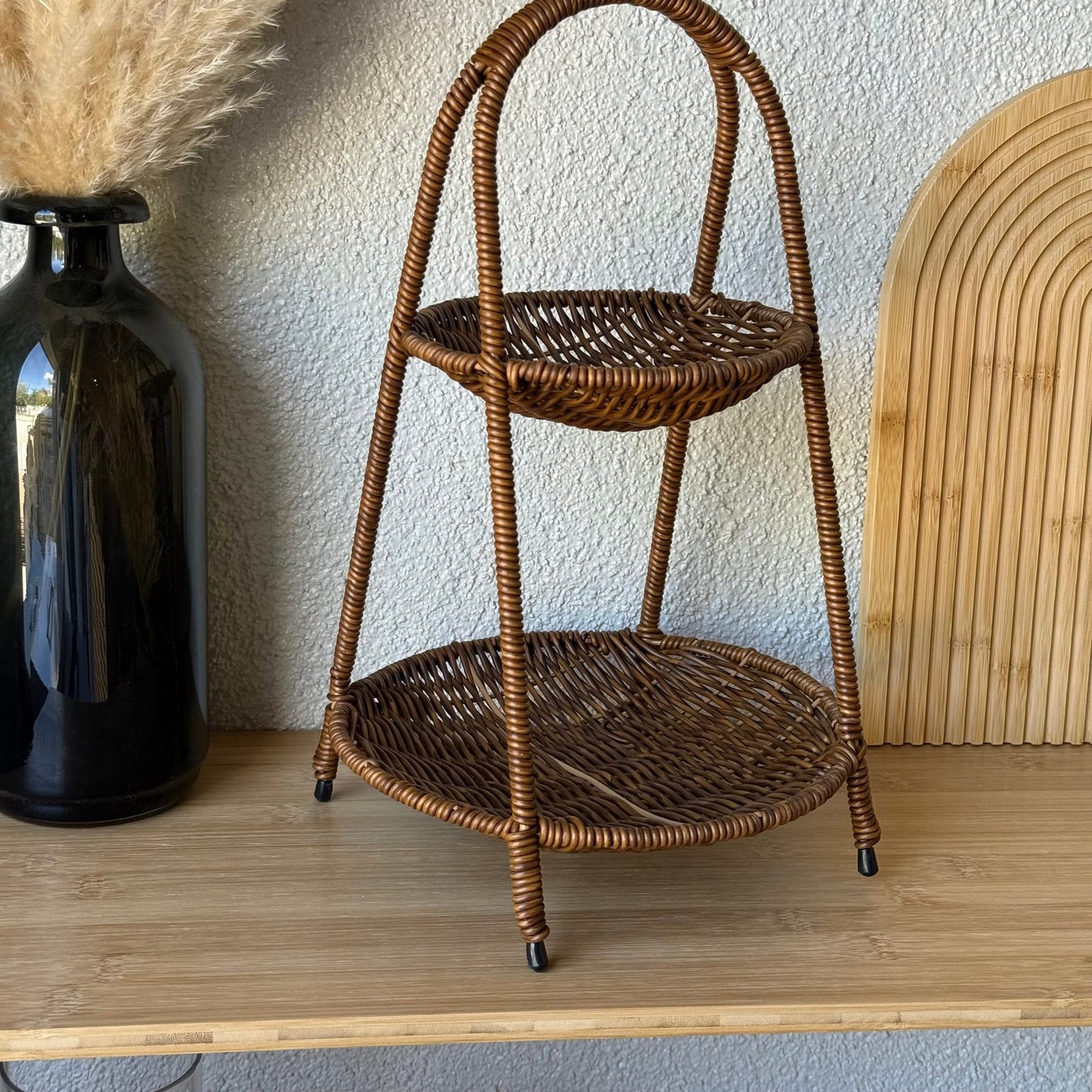Deo Rattan İki Katlı Sunumluk Meyvelik 37 CM Kahve Rengi