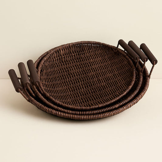 Rios Rattan Kulplu 3 Boy Yuvarlak Tepsi Seti Kahve Rengi