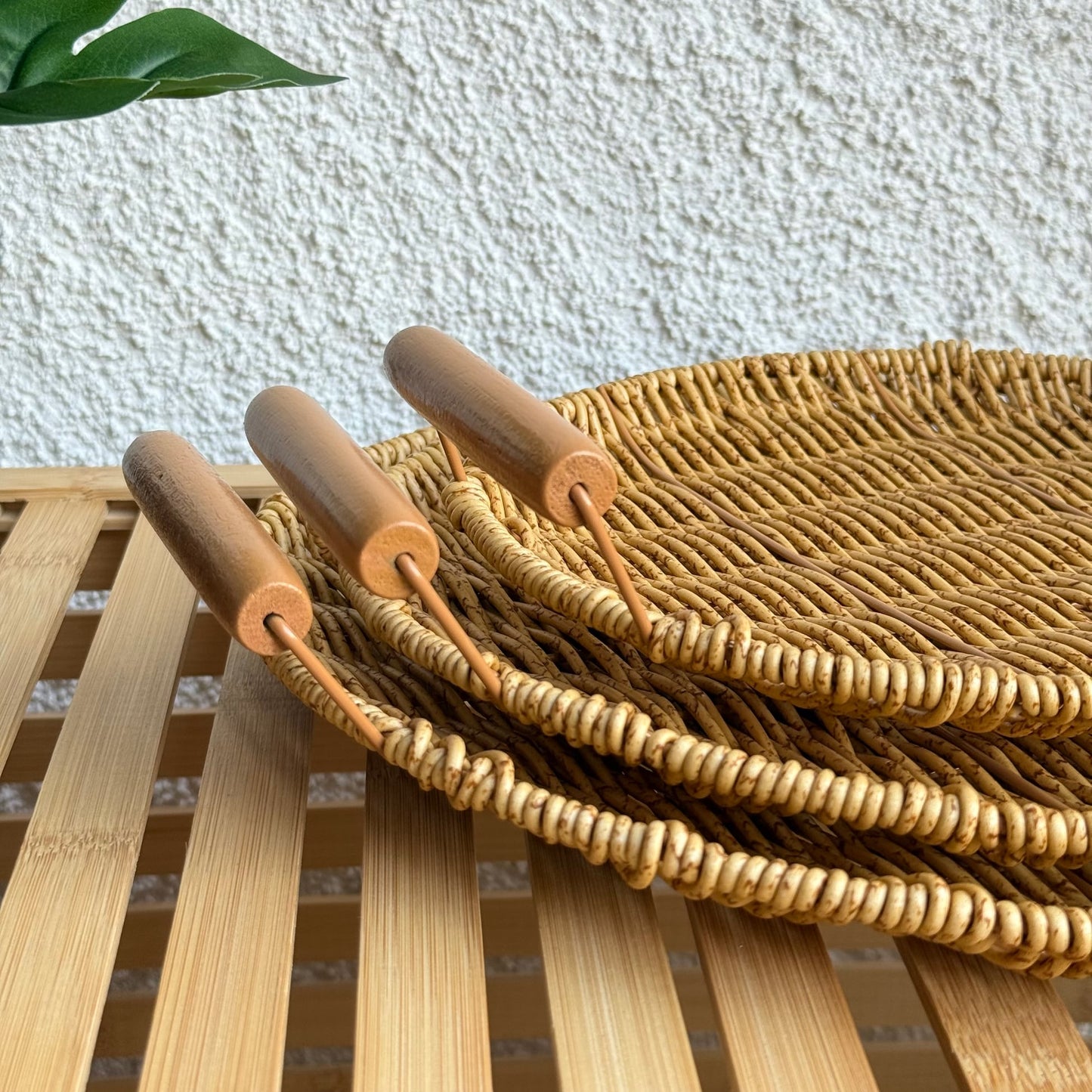 Rios Rattan Kulplu 3 Boy Yuvarlak Tepsi Seti Naturel
