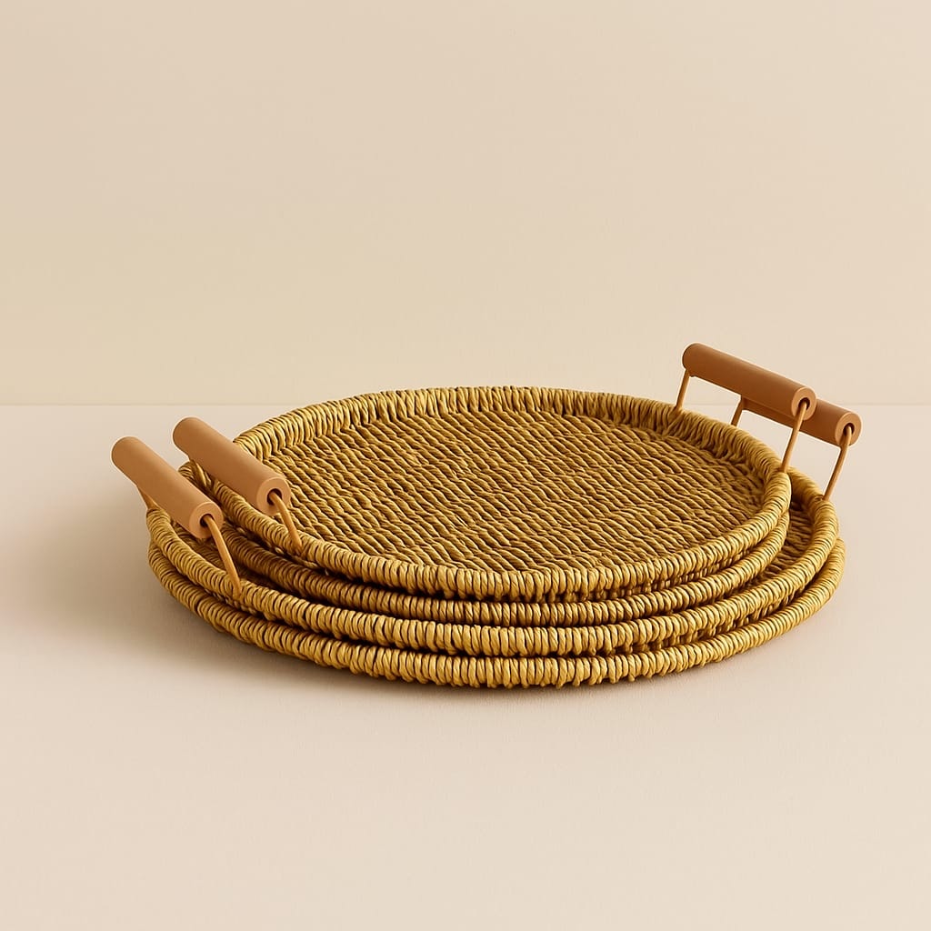 Rios Rattan Kulplu 3 Boy Yuvarlak Tepsi Seti Naturel