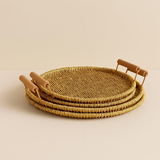 Rios Rattan Kulplu 3 Boy Yuvarlak Tepsi Seti Naturel