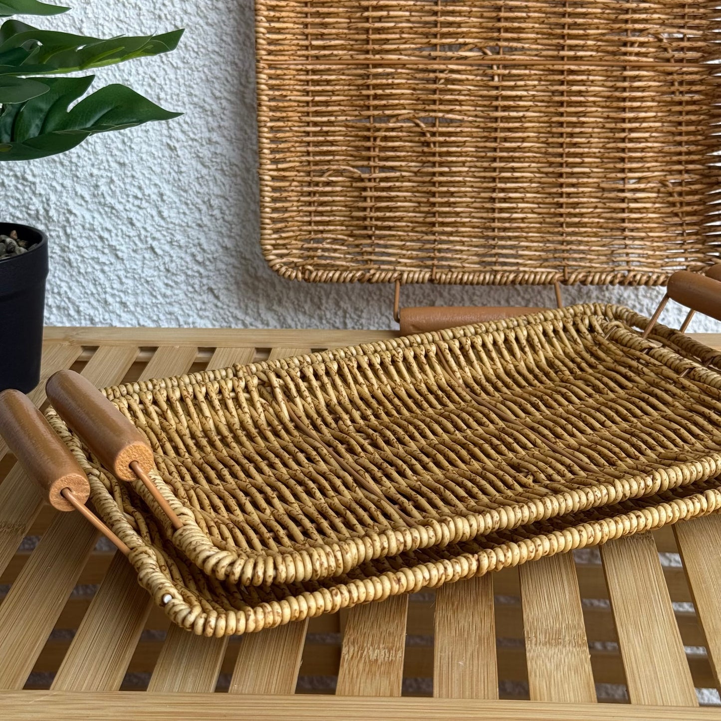 Rattan 3 Boy Ahşap Kulllu Dikdörtgen Tepsi Meyvelik Seti Naturel