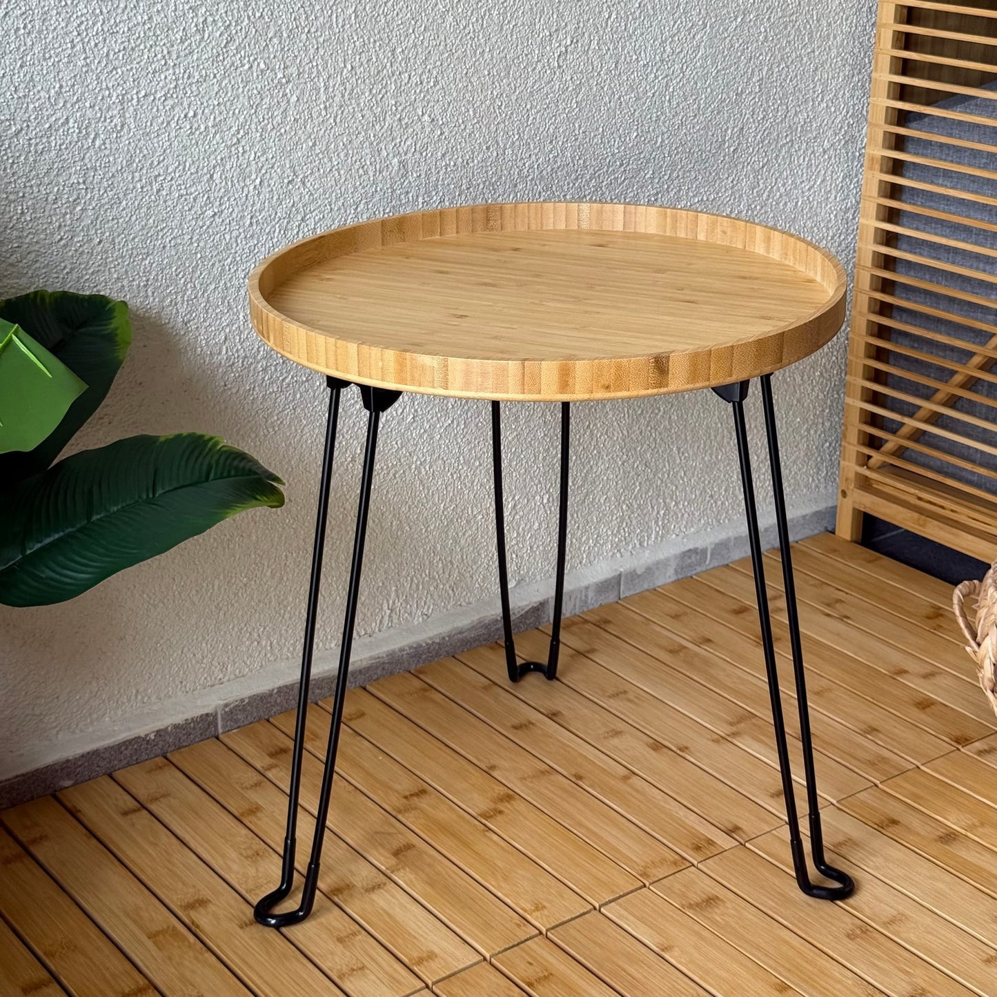 Morena Yuvarlak Metal Ayaklı Katlanır Bambu Sehpa 45x45x46 CM