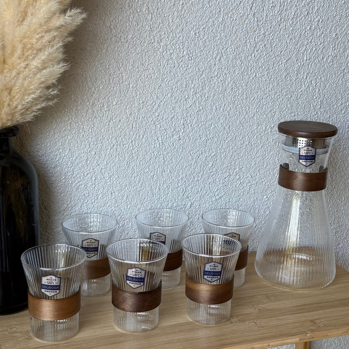 Delisoga Ahşap Detaylı Cam Sürahi Set 7 Parça (SÜPER FİYAT)