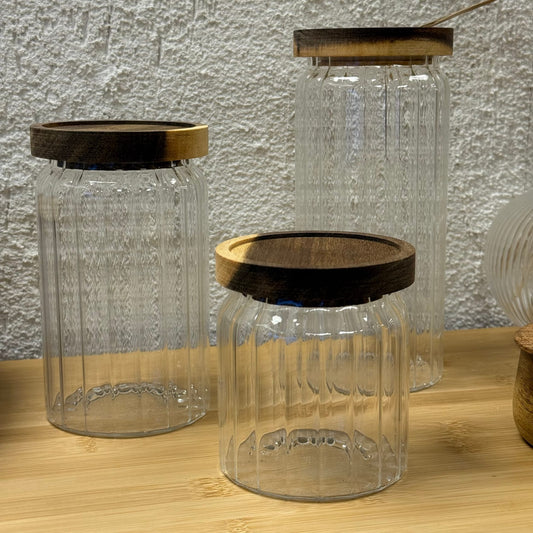 Menny Çizgili Silindir Kavanoz Seti Akasya Ağacı Kapaklı 500 ml, 700 ml, 1000 ml