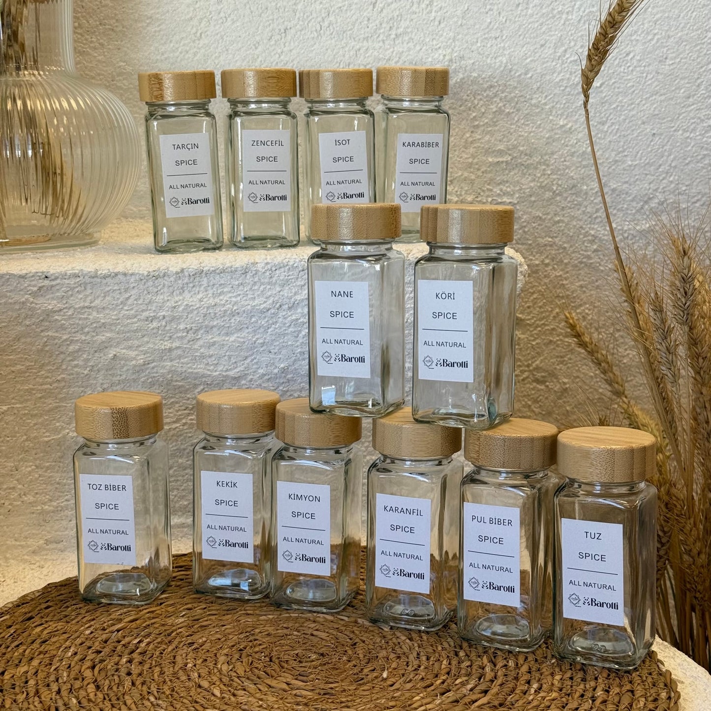 Barotti 12 Adet Bambu Kapaklı Kare Baharatlık Seti Beyaz (SÜPER FİYAT)