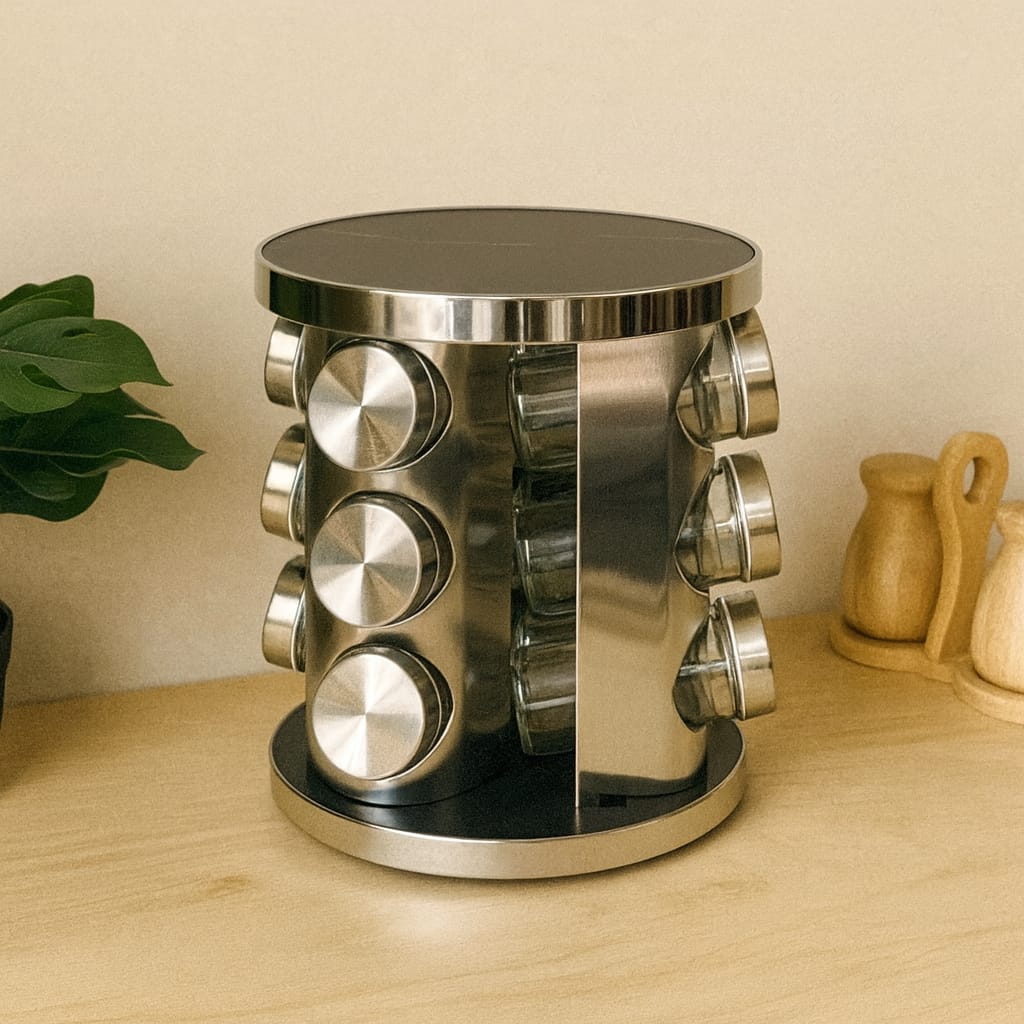 Mermer Desenli Dönen Standlı 12 li Cam Baharatlık Seti Siyah