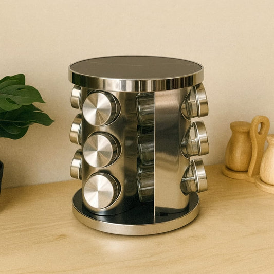 Mermer Desenli Dönen Standlı 12 li Cam Baharatlık Seti Siyah