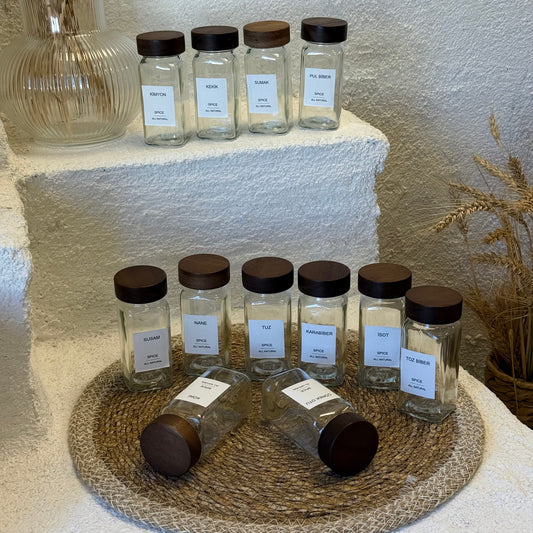 Mien 12 Adet Kare Akasya Ağacı Kapaklı Cam Baharatlık Seti 120 ml (KOD-009)