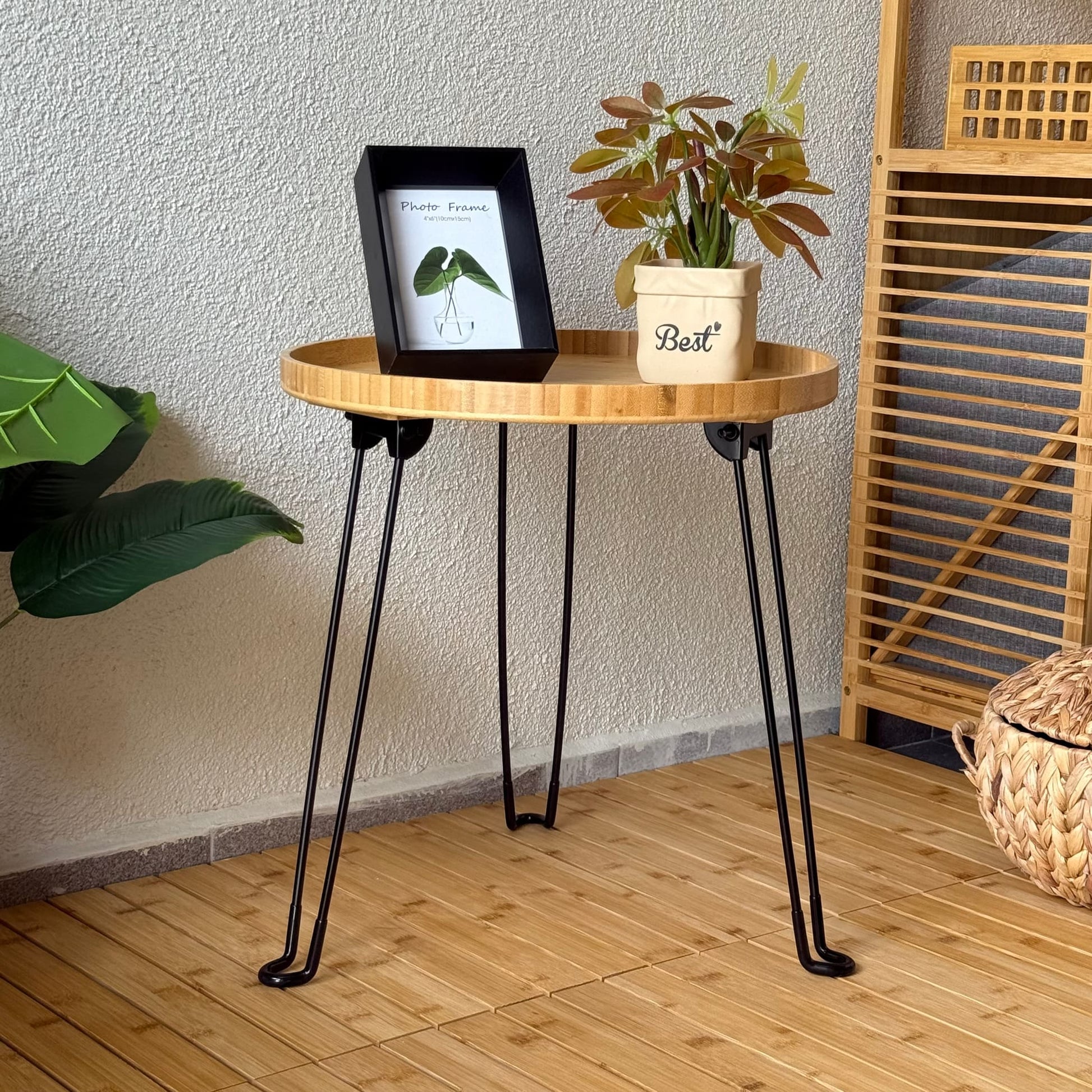 Morena Yuvarlak Metal Ayaklı Katlanır Bambu Sehpa 45x45x46 CM