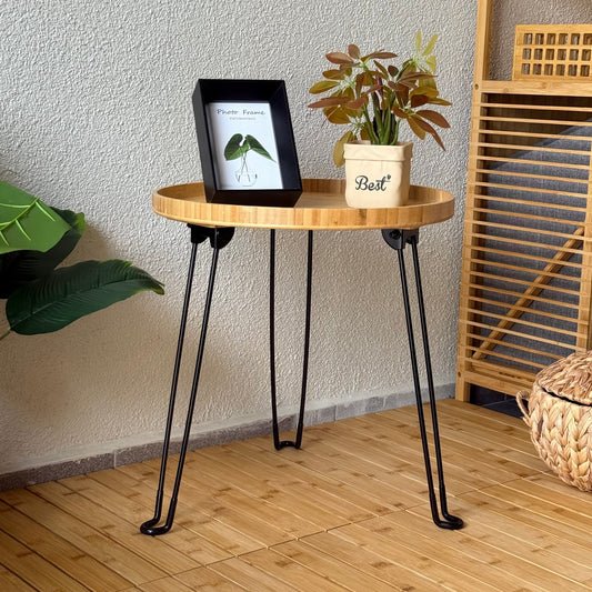 Morena Yuvarlak Metal Ayaklı Katlanır Bambu Sehpa 45x45x46 CM