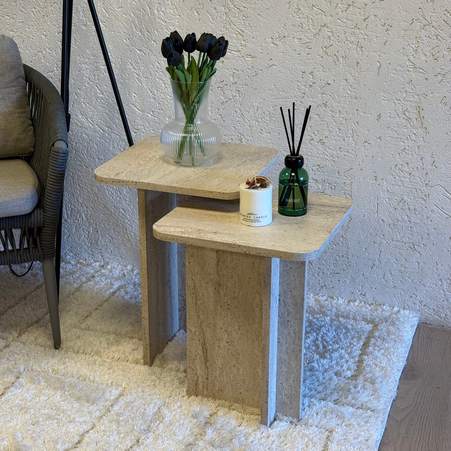 Lary Pinterest Model, Traverten Desen, İki Boy Kare Sehpa (Süper Fiyat)