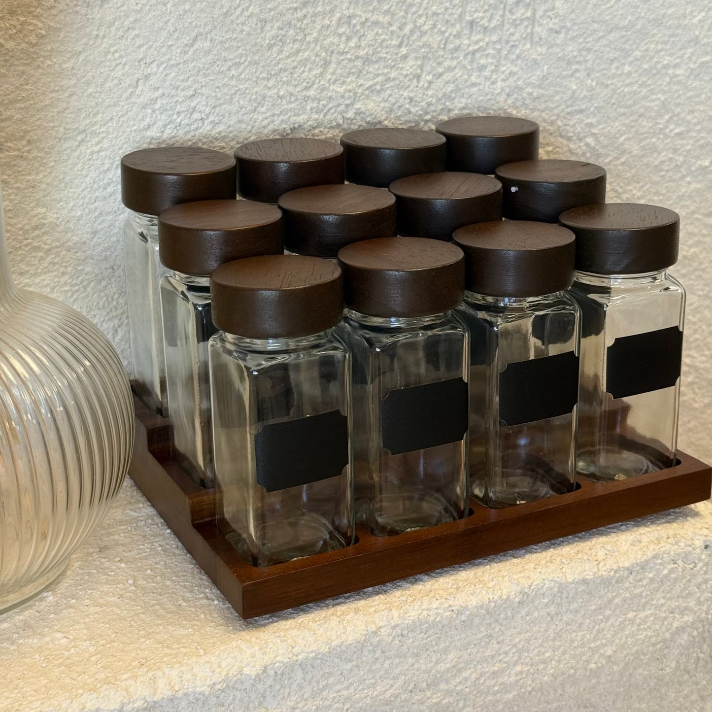 Spice Ahşap Standlı 12 li Cam Baharatlık Seti 120 ml