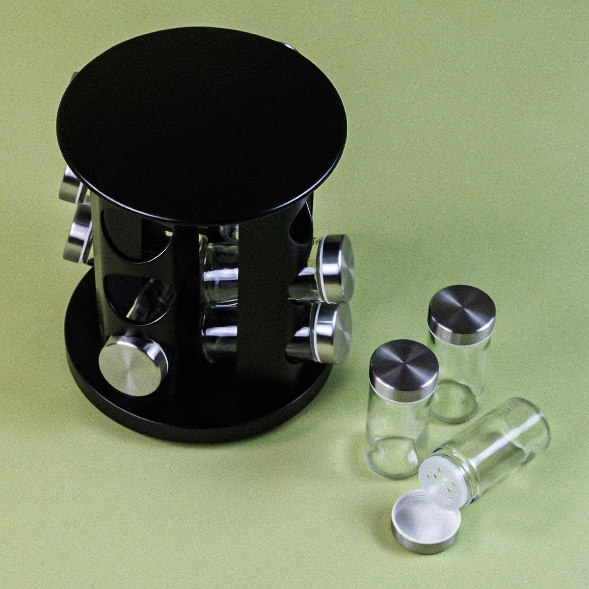 Metal Mat Dönen Standlı Cam Baharatlık Seti Siyah (KOD:4730)