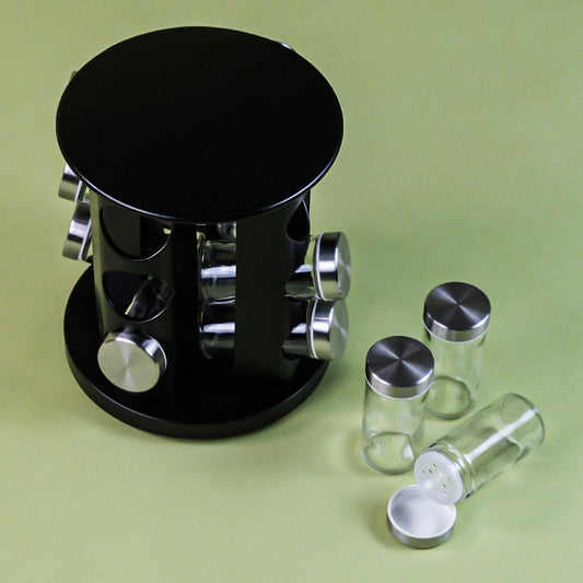 Metal Mat Dönen Standlı Cam Baharatlık Seti Siyah (KOD:4730)