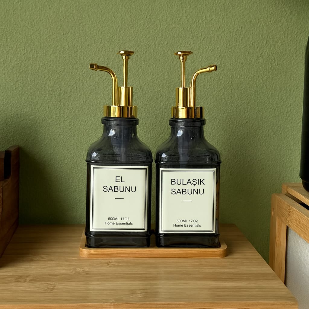 Lucia Bambu Standlı İkili Cam Kare Sıvı Sabunluk Seti Füme 500 ml