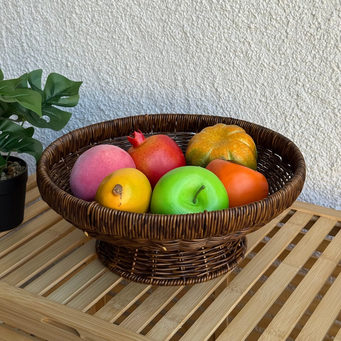 Lara Rattan Ayaklı Yuvarlak Büyük Boy Meyvelik 31 CM Kahve Rengi