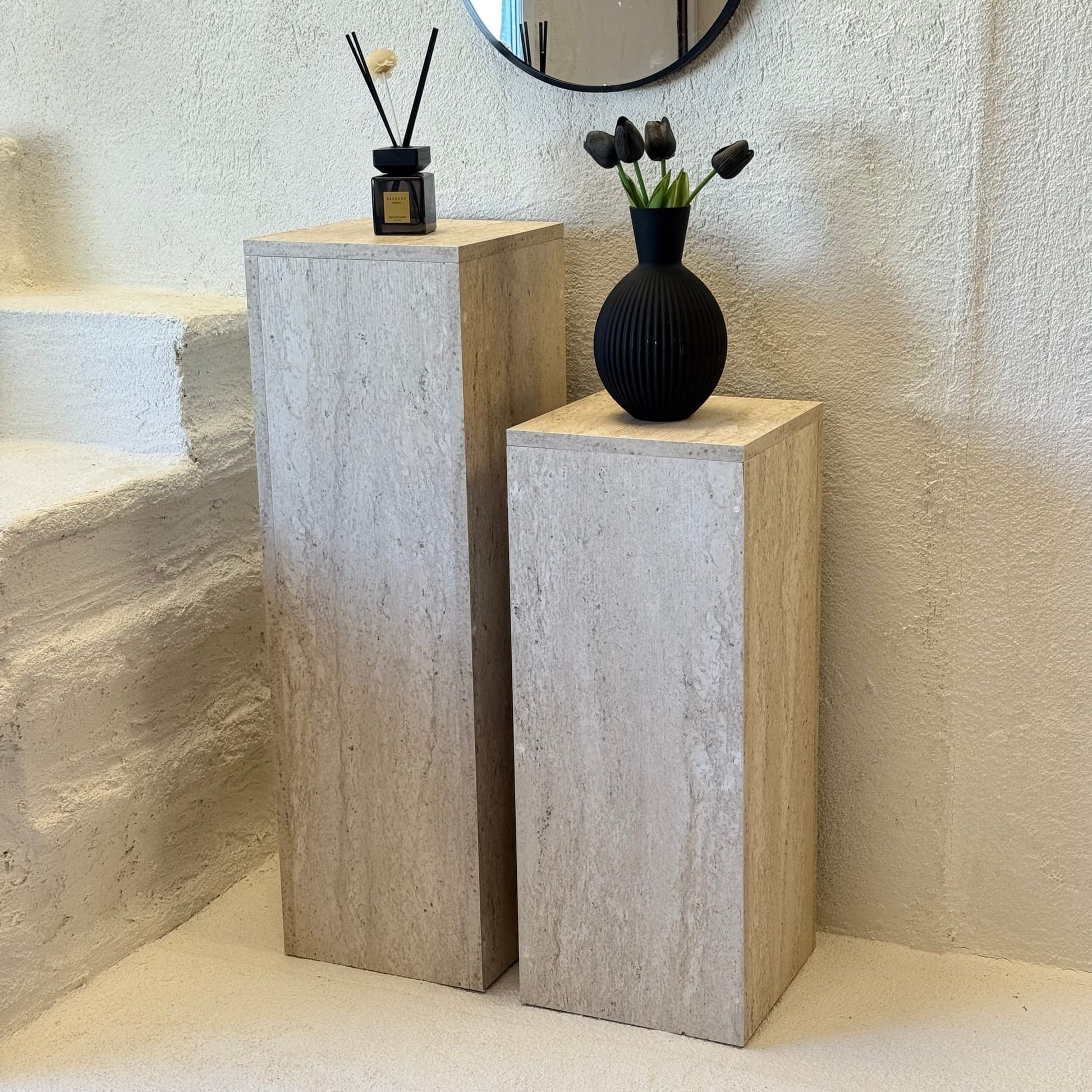 Stella İki Boy, Dekoratif Dresuar Sütun, Traverten Desen, B.Boy 90x28x28 cm, K.Boy 70x28x28 cm