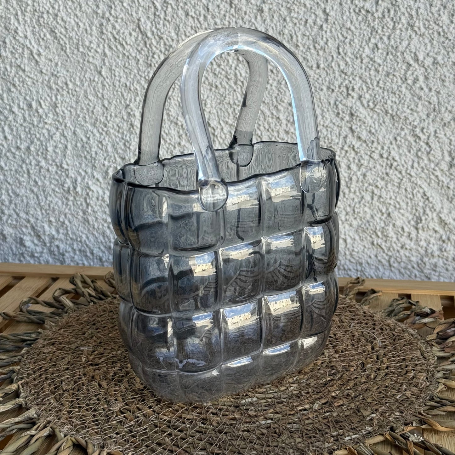 Glass Vase Çanta Model Vazo Füme 22x14x8 cm