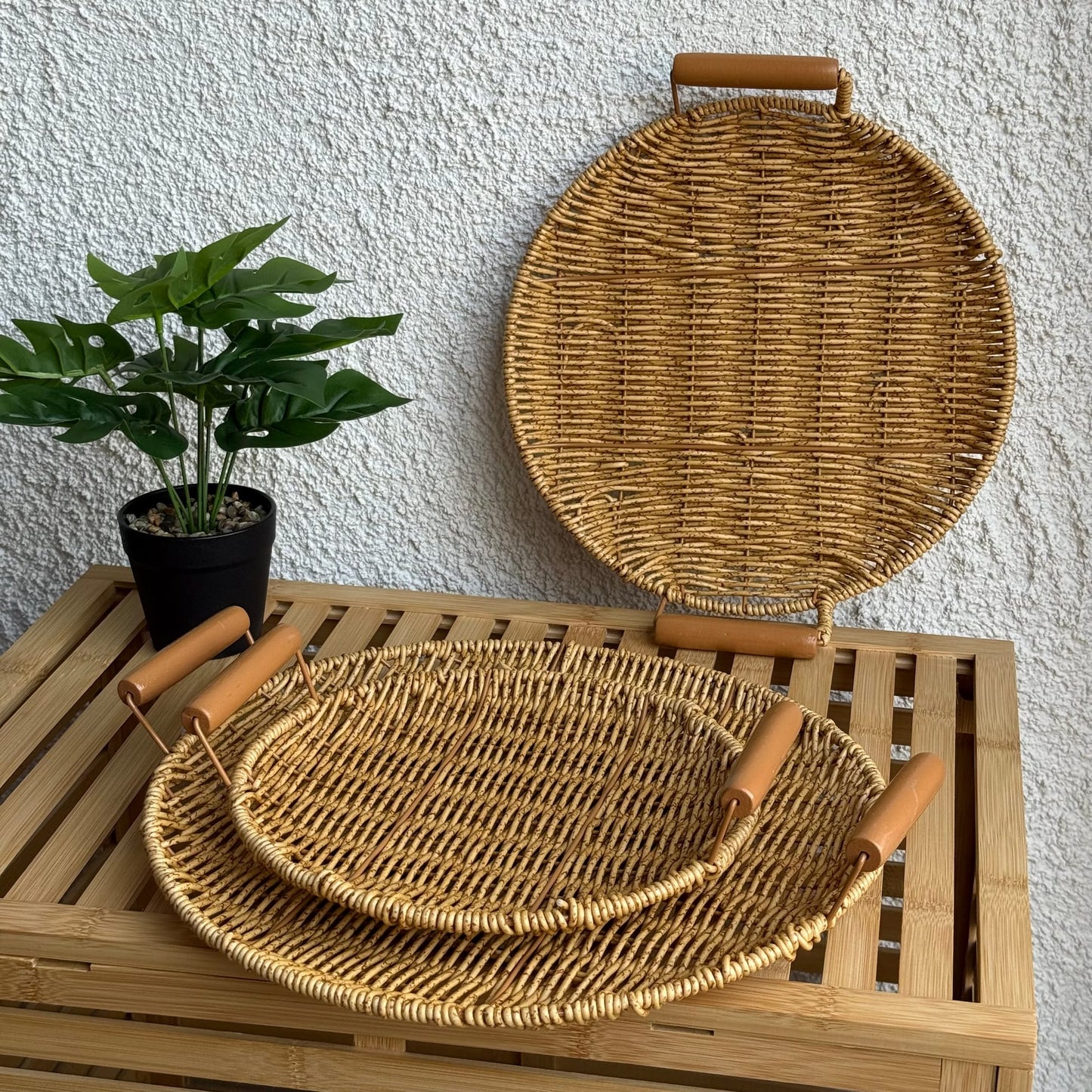Rios Rattan Kulplu 3 Boy Yuvarlak Tepsi Seti Naturel