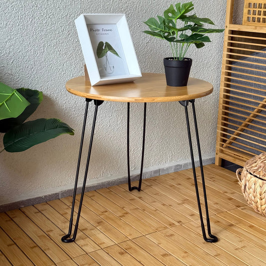 Morena Yuvarlak Metal Ayaklı Katlanır Bambu Sehpa 45x45x46 CM