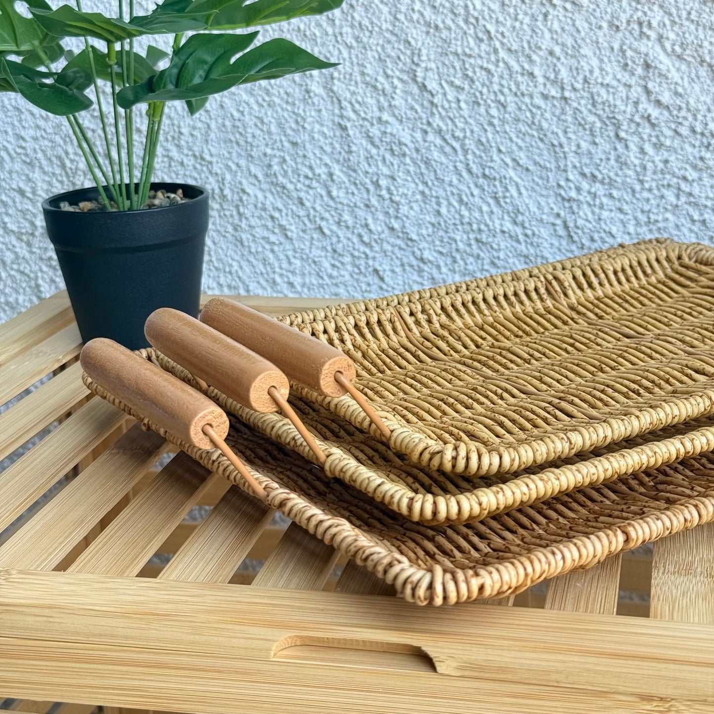 Rattan 3 Boy Ahşap Kulllu Dikdörtgen Tepsi Meyvelik Seti Naturel