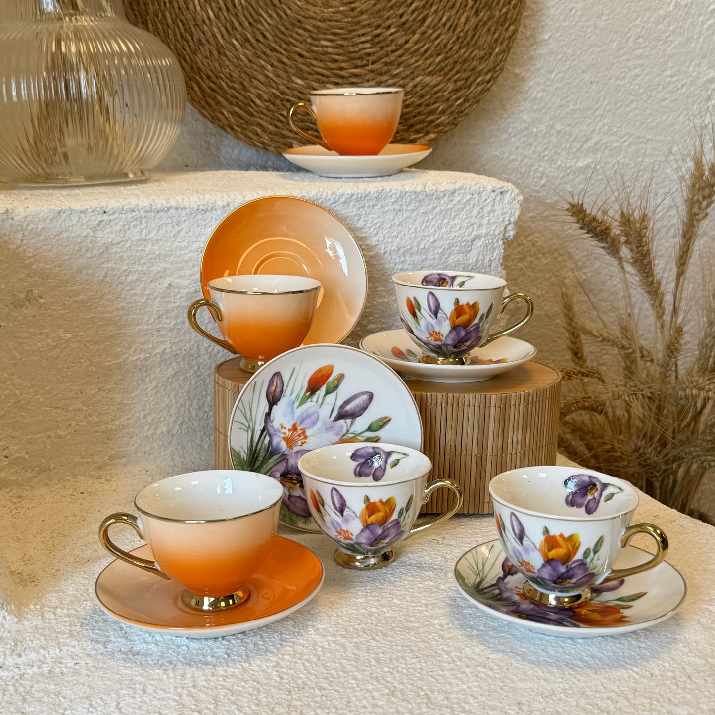 Arancia Çiçekli Porselen Kahve Fincan Takımı 6 Kişilik Turuncu