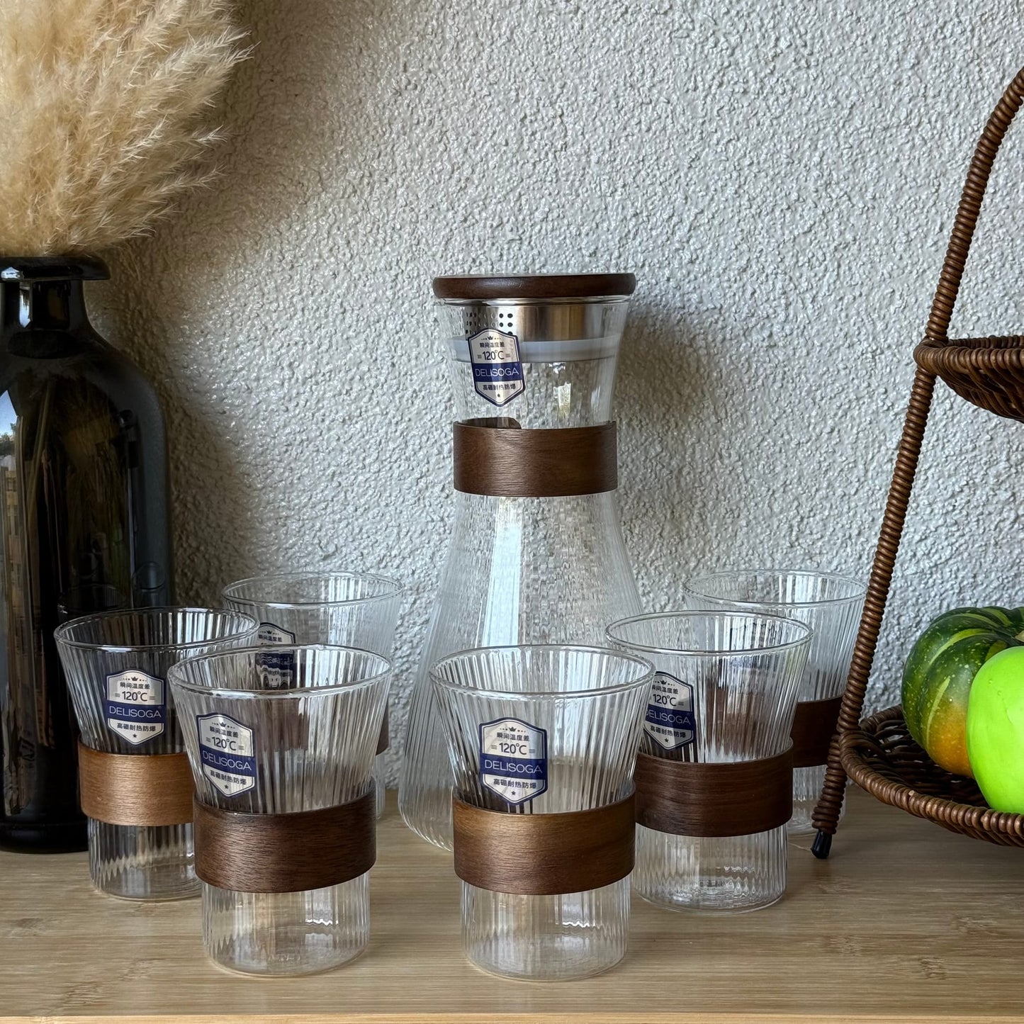 Delisoga Ahşap Detaylı Cam Sürahi Set 7 Parça (SÜPER FİYAT)