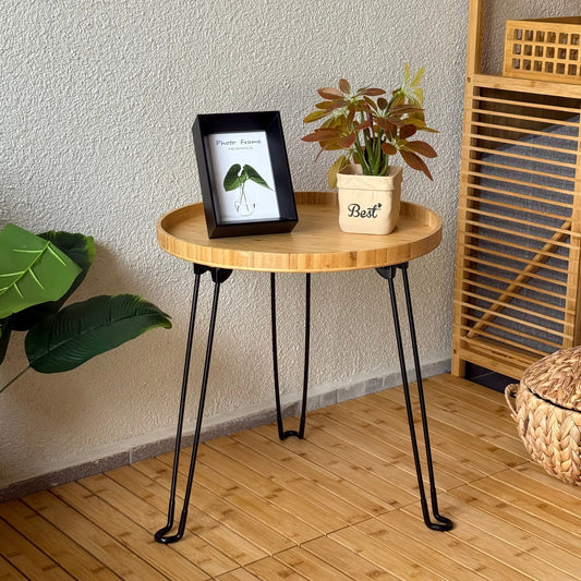 Morena Yuvarlak Metal Ayaklı Katlanır Bambu Sehpa 45x45x46 CM