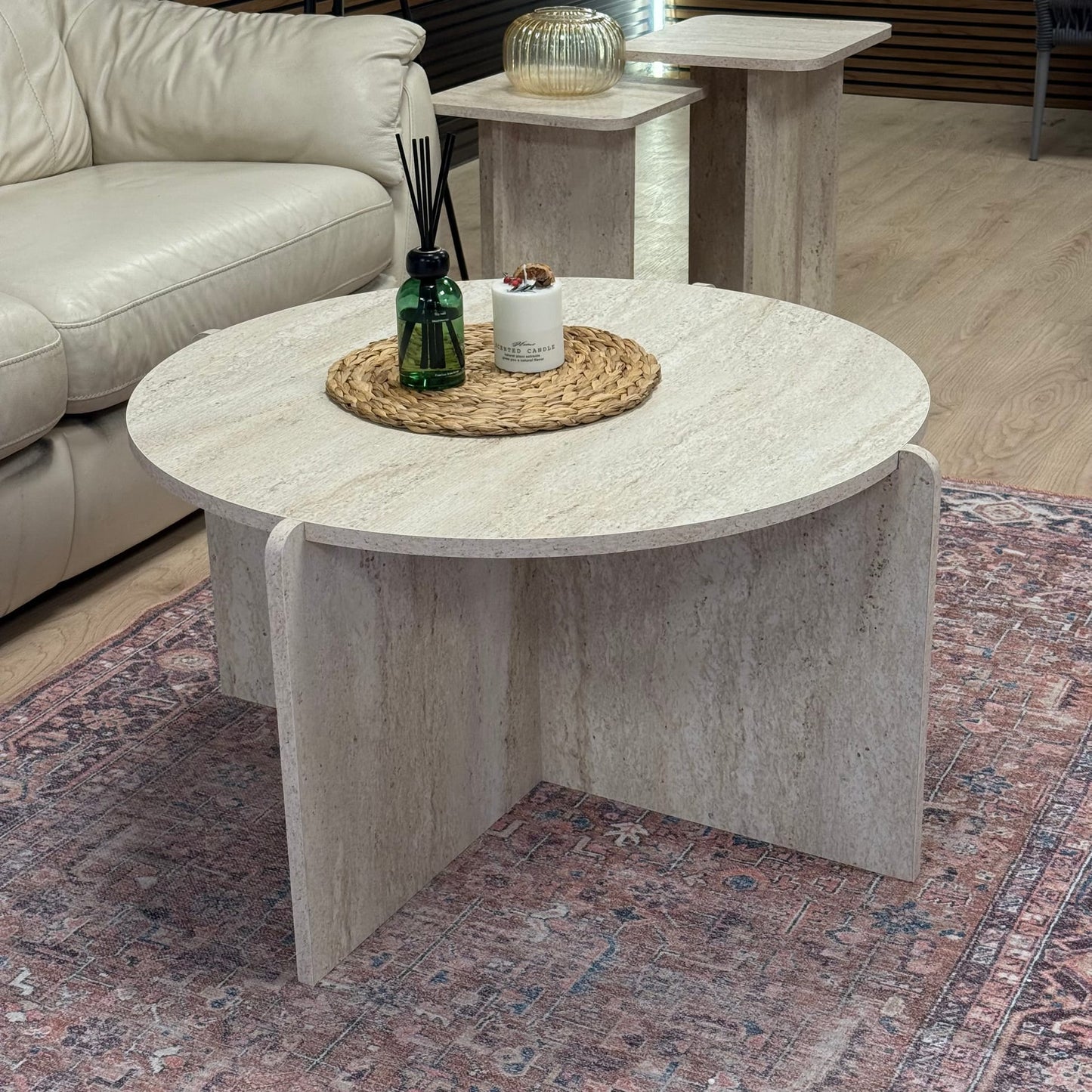 Boho Pinterest, Traverten Desen, Büyük Boy, Yuvarlak Orta Sehpa 83x83x48 cm (Lansman Fiyatı)