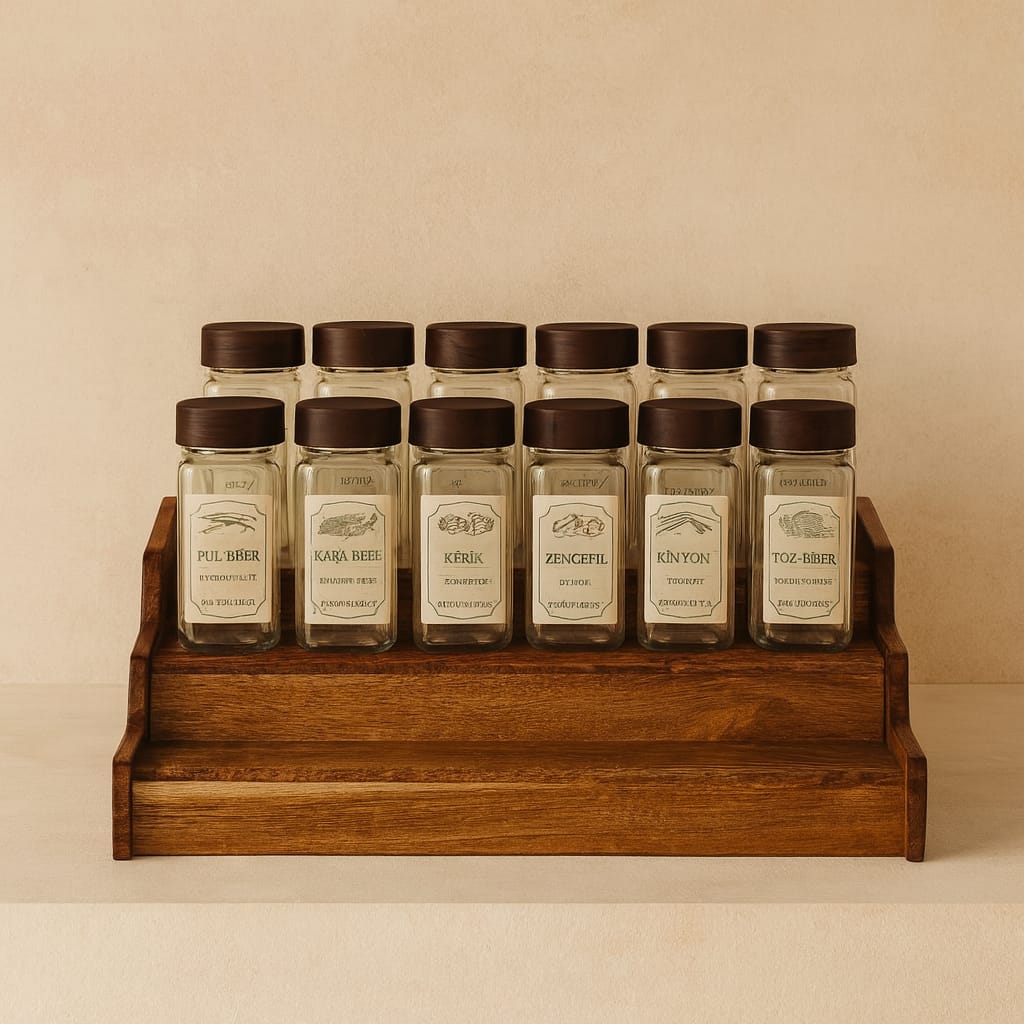 Mollen Vintage Açılır Kapanır Standlı 12'Li Cam Baharatlık Set