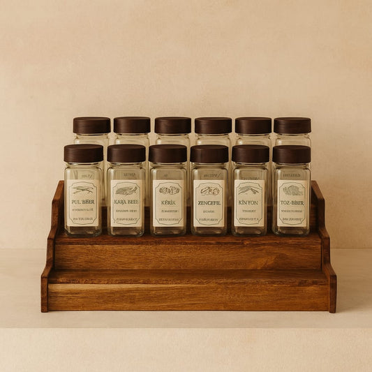 Mollen Vintage Açılır Kapanır Standlı 12'Li Cam Baharatlık Set